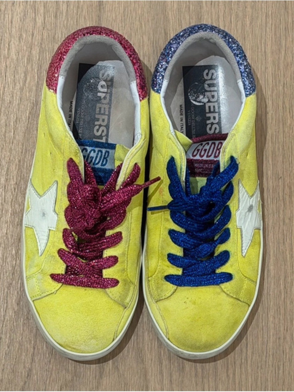 Golden Goose Yellow Sneakers with Pink and Blue Accents